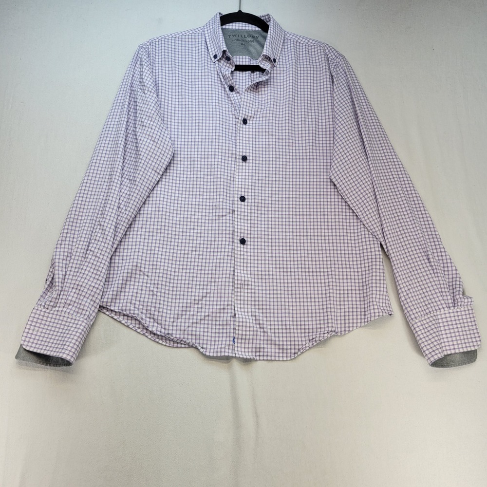 Twillory Button Down Shirt Mens M-L Purple Check Untuckable Performance Stretch